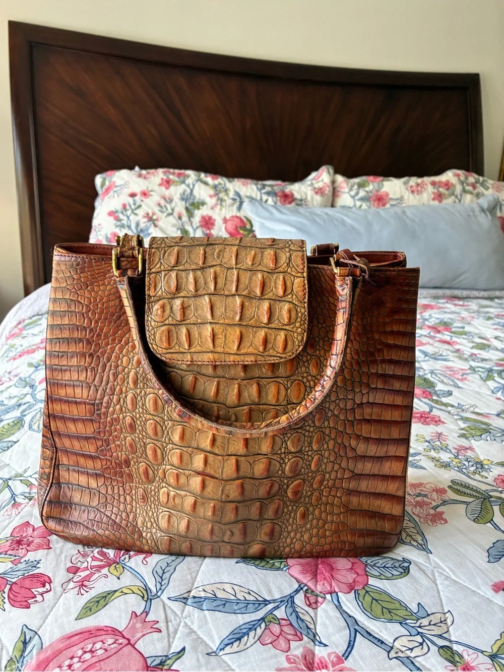 Brahmin Croc-Embossed Satchel in Tan and Brown